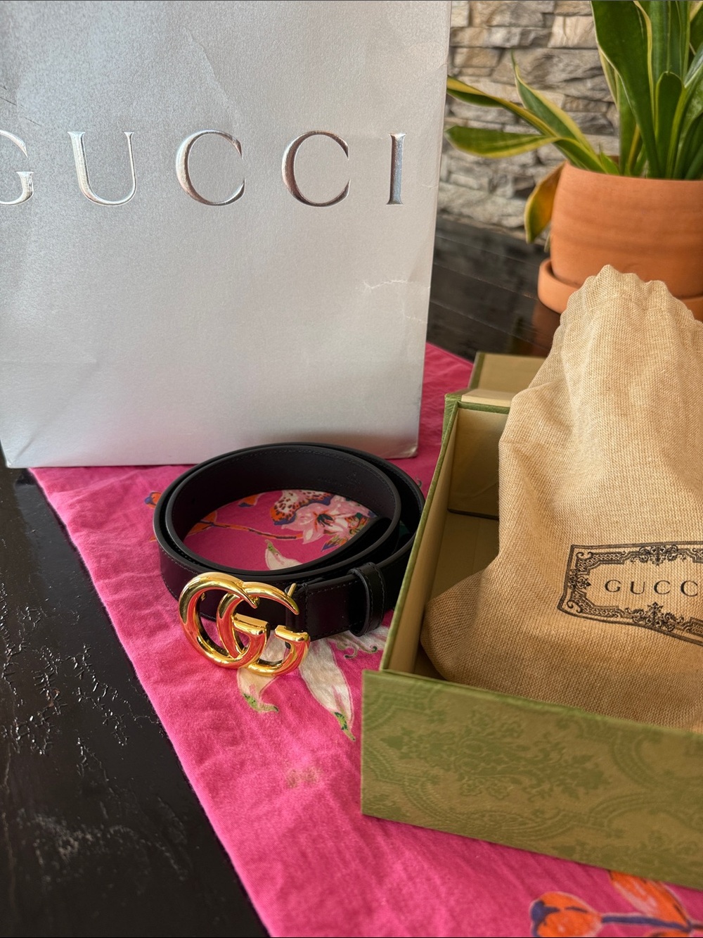 Gucci Black Leather Belt with Gold Double G Buckle